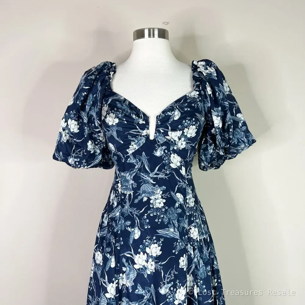 Abercrombie | Floral Drama Puff Sleeve Maxi Dress Open Tie Back Blue White Small